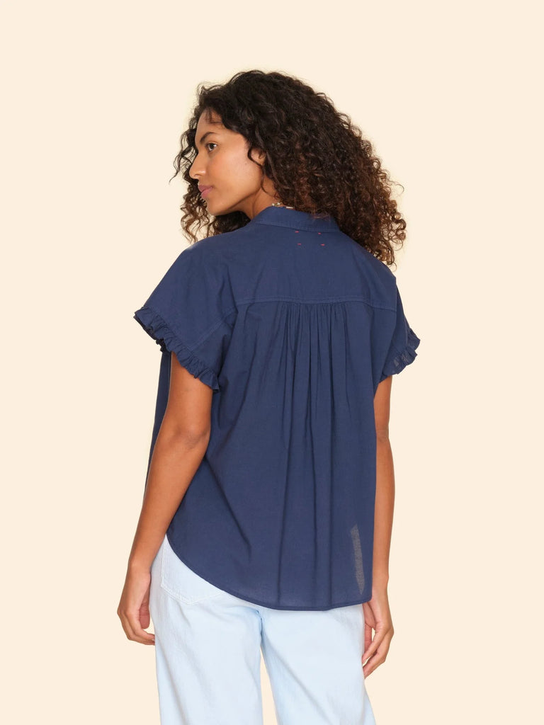 NOAH Ruffle Short Sleeve Blouse in Navy