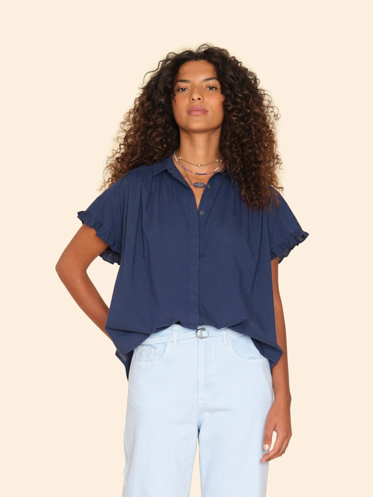 NOAH Ruffle Short Sleeve Blouse in Navy