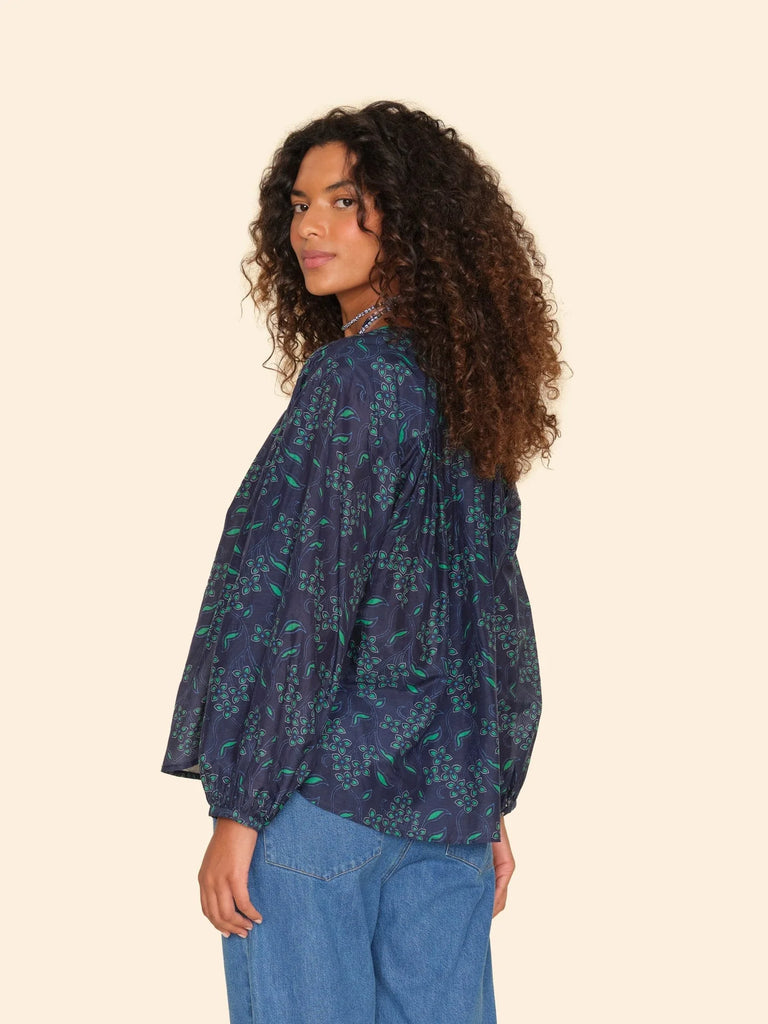 FELICE Silk/Cotton Peasant Long Sleeve in Navy Green