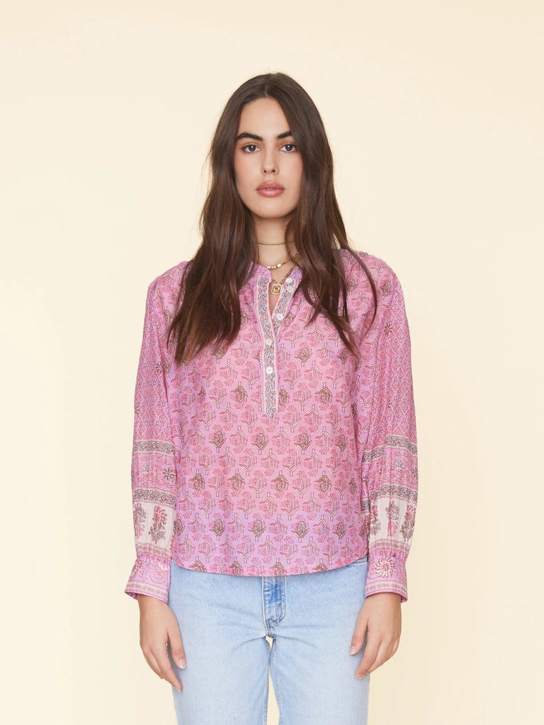 LETTIE Silk/Cotton Long Sleeve Top in Pink Posey