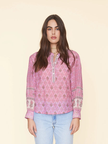 LETTIE Silk/Cotton Long Sleeve Top in Pink Posey