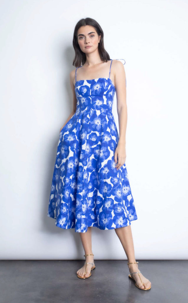 YADIRA Midi Dress in Blue Poppies