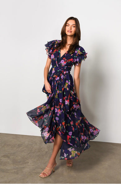 ZOLA Ruffle Sleeve Wrap Dress in Navy Whimsy Watercolor Floral