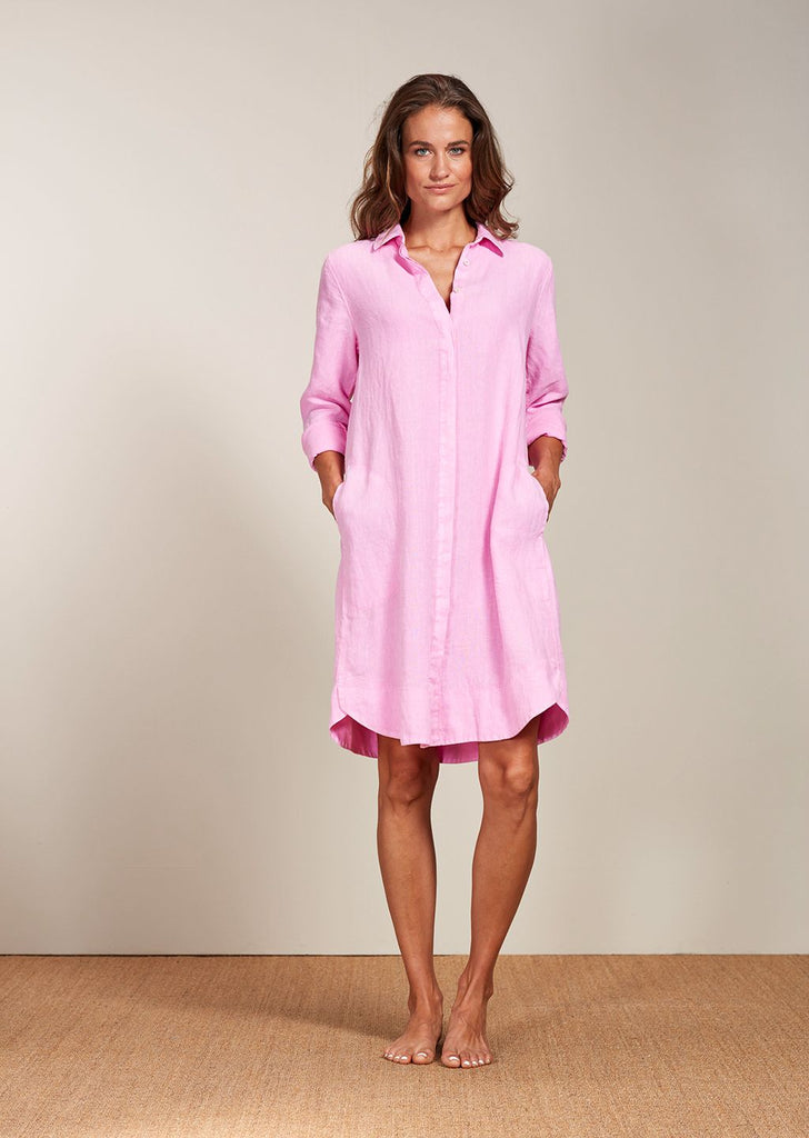 GRACIA NEW Long Sleeve Linen Dress in Neon Pink GRACIA NEW Long Sleeve Linen Dress in Neon Pink