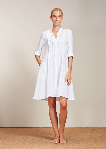 SOULIN 3/4 Sleeve Pintuck Linen Dress in White