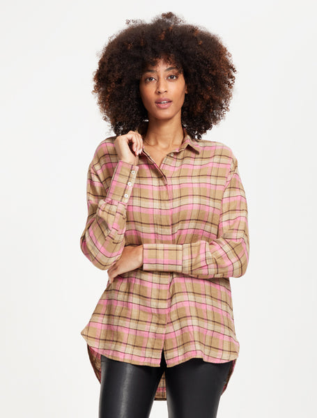 BEVERLY NEW Plaid Blouse in Tan/Pink