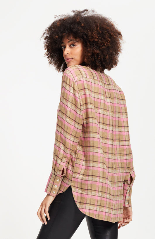 BEVERLY NEW Plaid Blouse in Tan/Pink