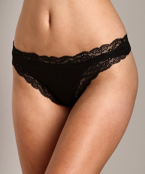 Organic Cotton & Lace Thong in Black