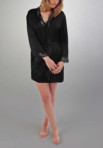 ANGELINA Lace Trimmed Silk Robe in Black