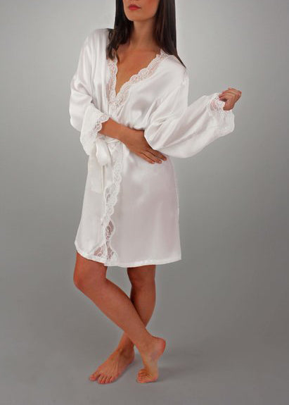 ANGELINA Lace Trimmed Silk Robe in Porcelain