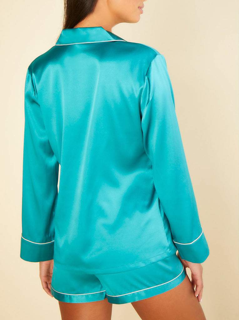 SOPHIA Silk Long Sleeve & Shorts PJ Set in Light Jade