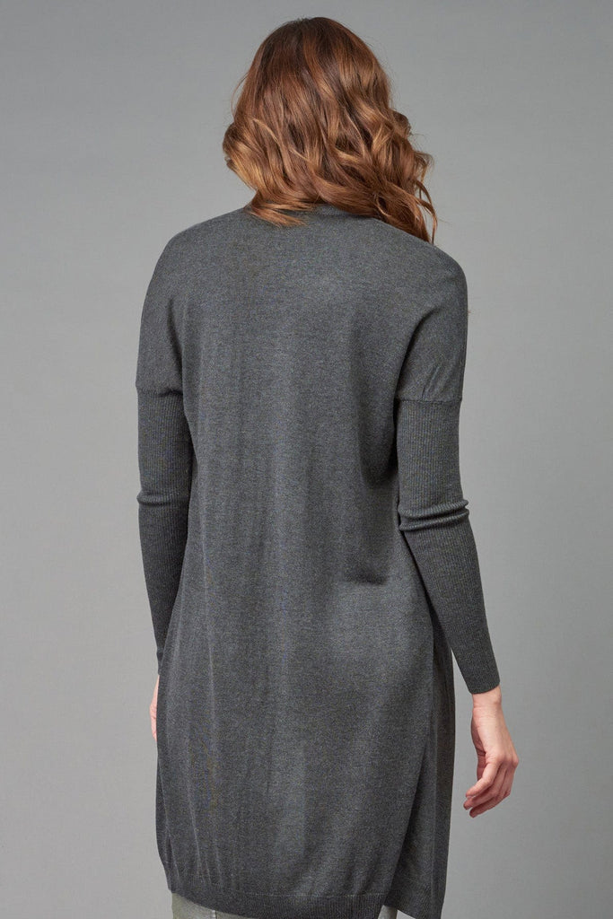 Cashmere/Silk Drop Shoulder Long Open Cardigan in Charcoal
