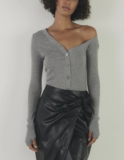 Cashmere/Cotton Exposed Shoulder Cardigan in Smoke