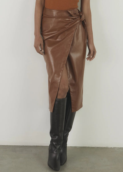 Vegan Leather Wrap Skirt in Choclate