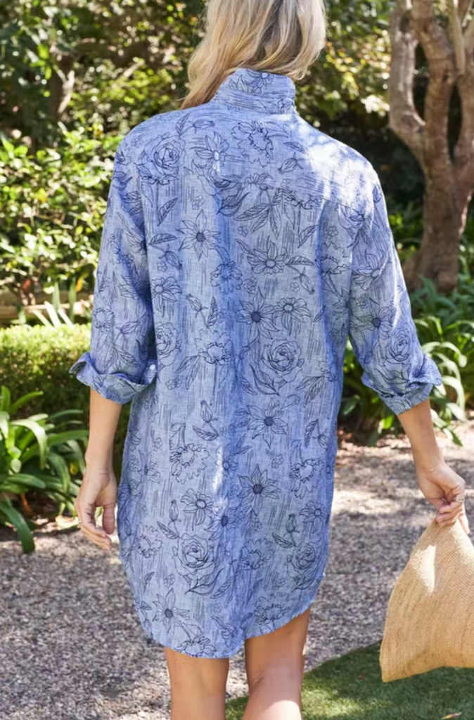 MARY Classic Linen Shirt Dress in Blue Tropical Print