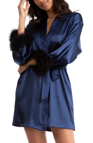 NOELLE Feather Trim Wrap Robe in Bright Navy