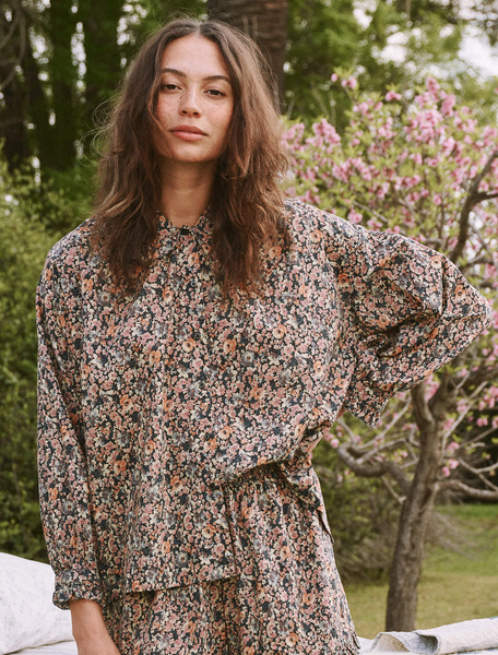 Ruffle Button Up Sleep Shirt in Story Book Floral