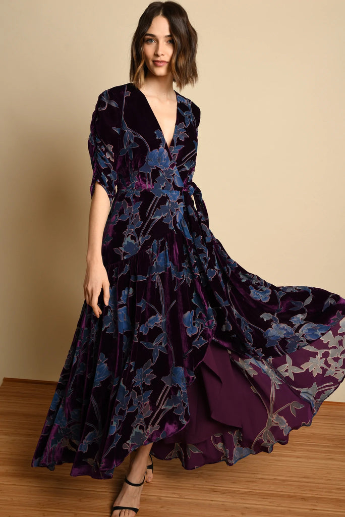 VIOLETTA Short Sleeve Wrap Dress in Plum Blossom Velvet Burnout