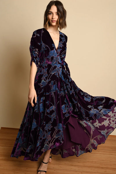VIOLETTA Short Sleeve Wrap Dress in Plum Blossom Velvet Burnout