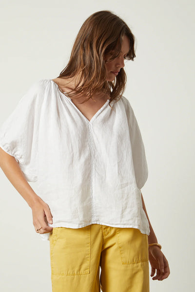 JANINE Short Sleeve Peasant Top in White